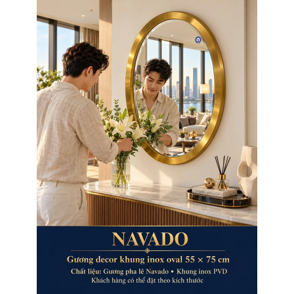 Gương trang trí inox vàng oval NAVADO 55 x 75 cm