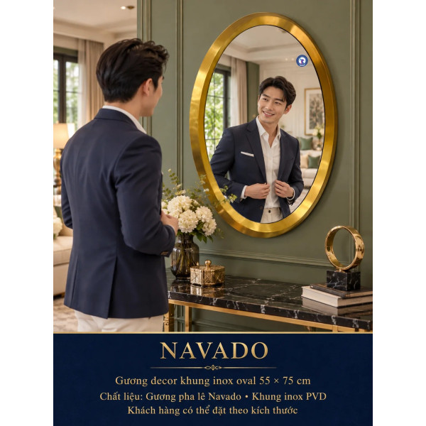 Gương trang trí inox vàng oval NAVADO 55 x 75 cm