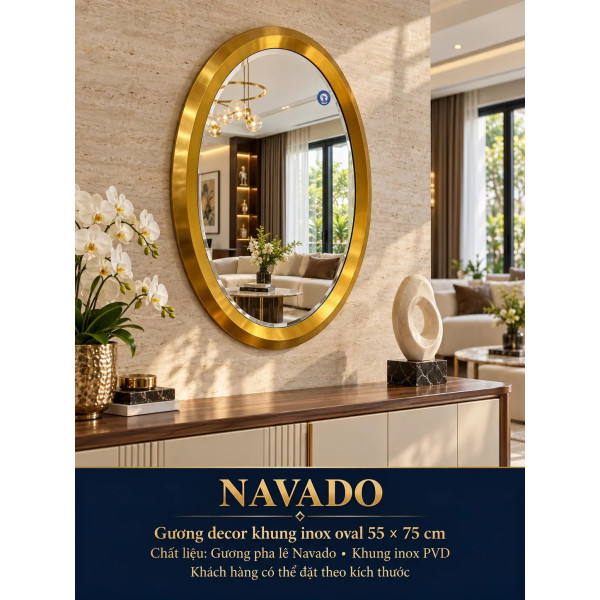 Gương trang trí inox vàng oval NAVADO 55 x 75 cm