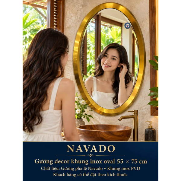 Gương phòng tắm inox vàng oval NAVADO 55 x 75 cm
