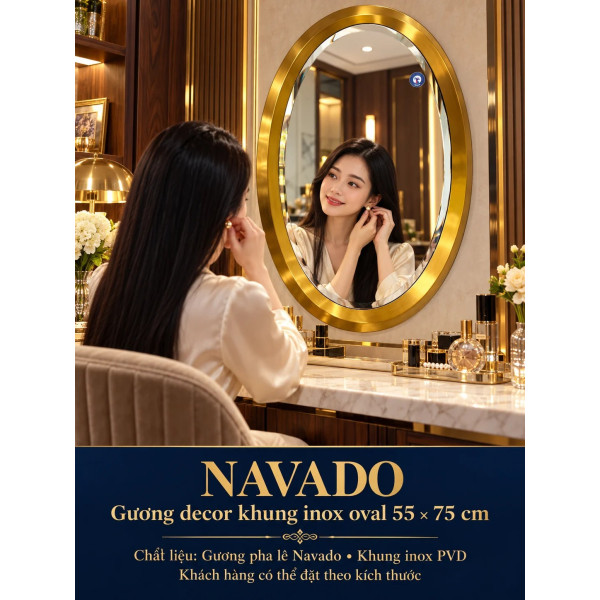 Gương bàn trang điểm inox vàng oval NAVADO 55 x 75 cm