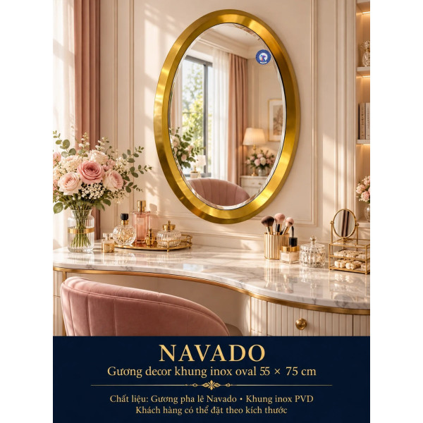 Gương bàn trang điểm inox vàng oval NAVADO 55 x 75 cm