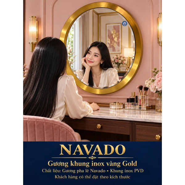 Gương bàn trang điểm inox vàng tròn NAVADO