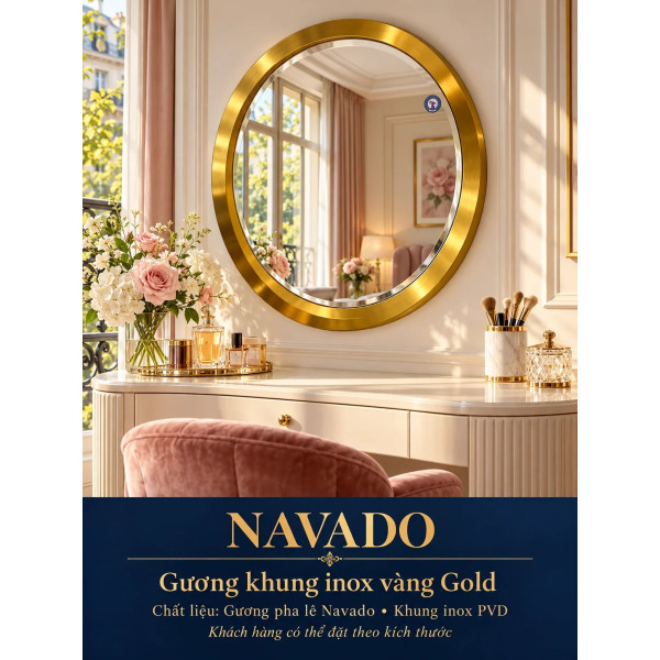 Gương bàn trang điểm inox vàng tròn NAVADO