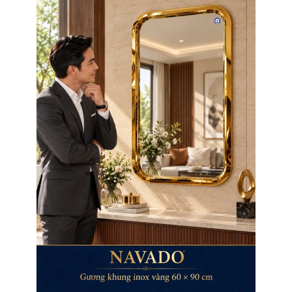 Gương trang trí khung inox vàng 60 x 90 cm NAVADO