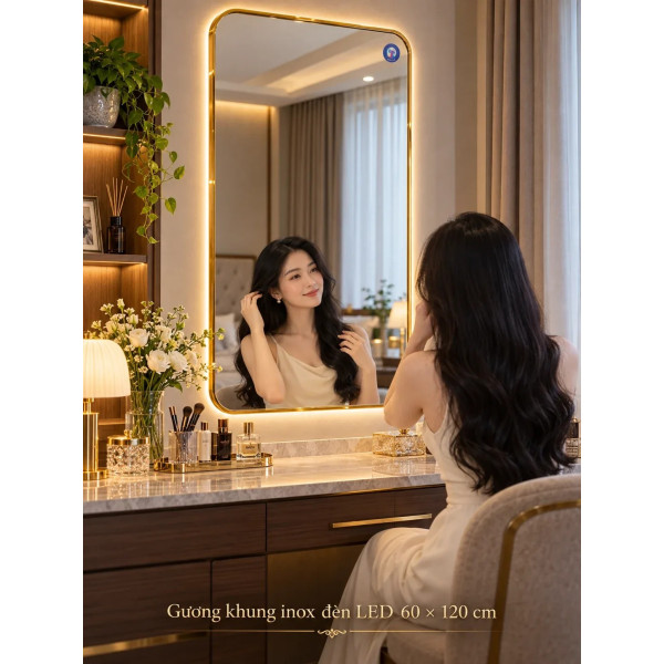 Gương bàn trang điểm khung inox đèn LED 60 x 120 cm NAVADO