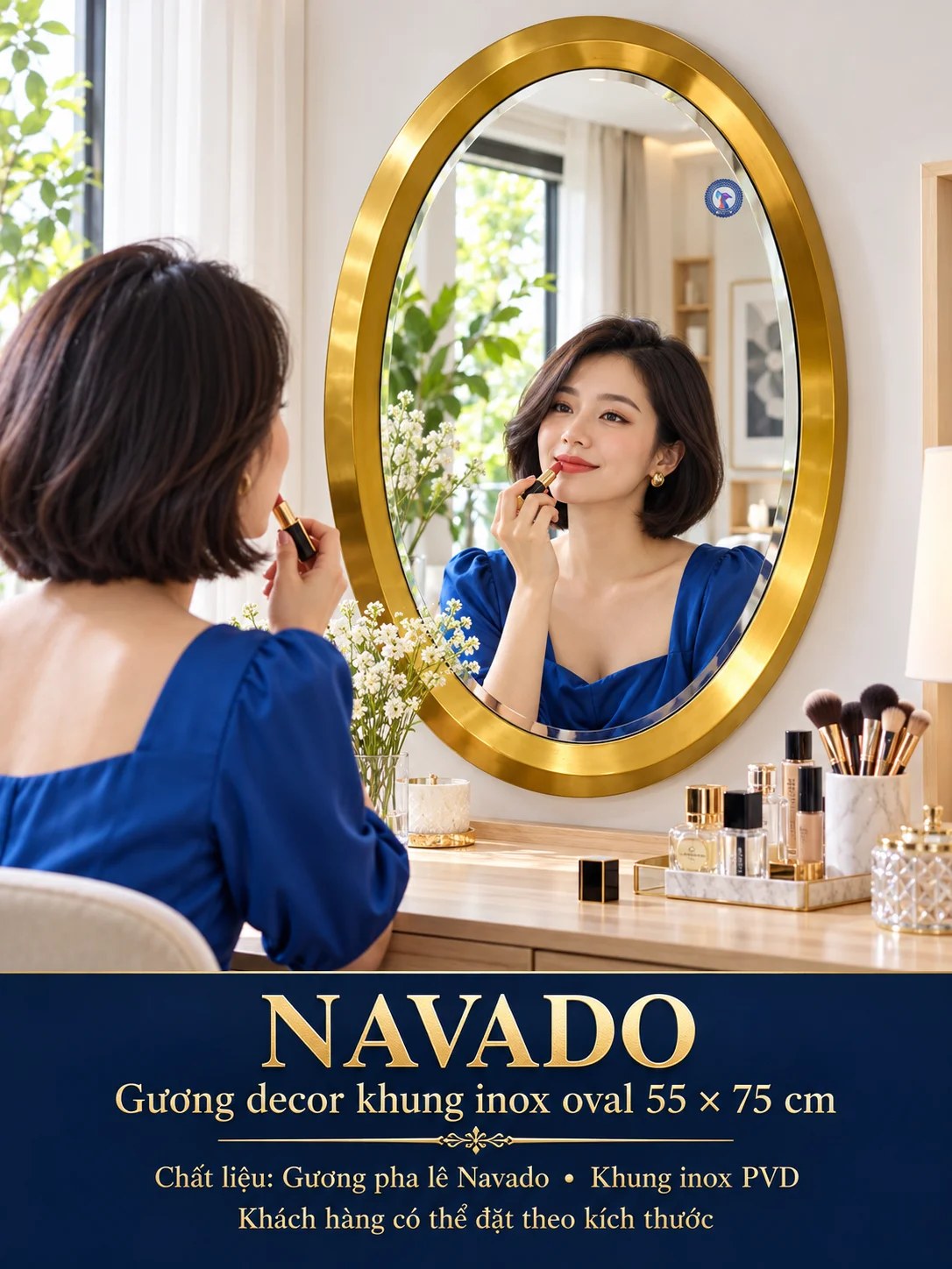 Gương bàn trang điểm inox vàng oval NAVADO 55 x 75 cm