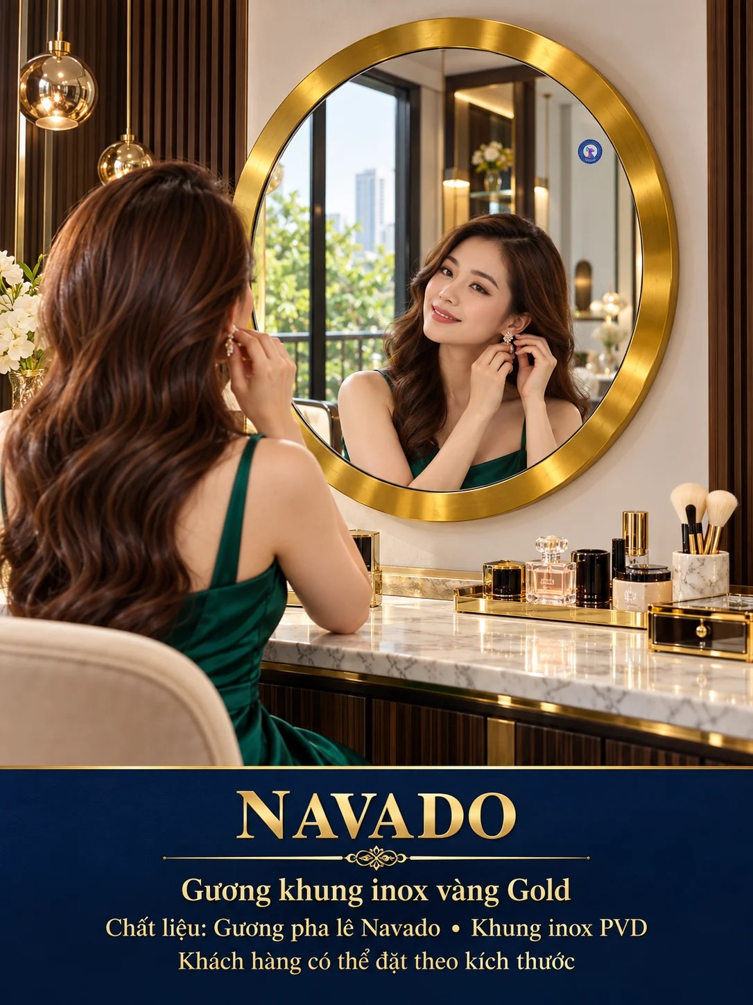 Gương bàn trang điểm inox vàng tròn NAVADO