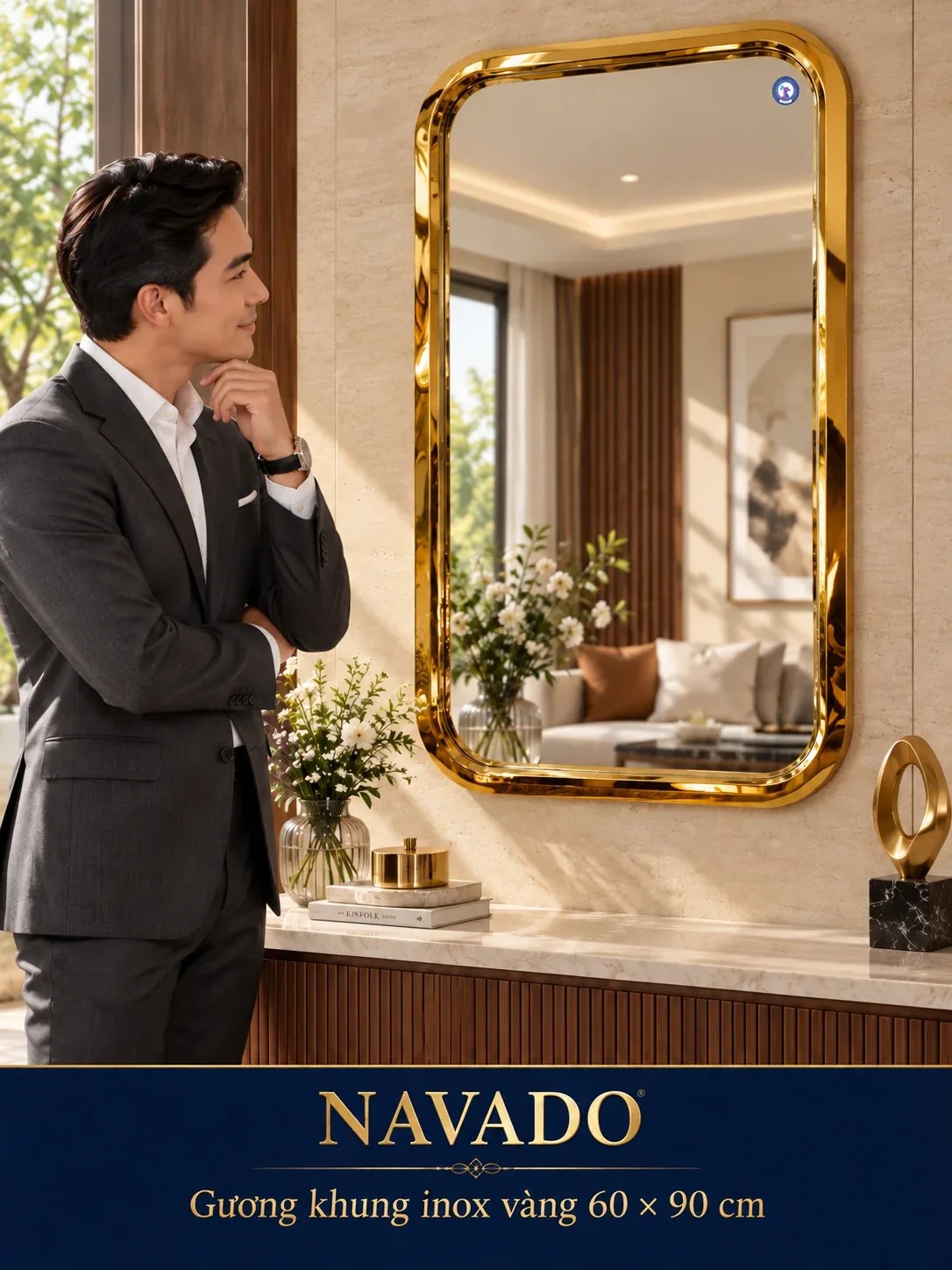 Gương trang trí khung inox vàng 60 x 90 cm NAVADO
